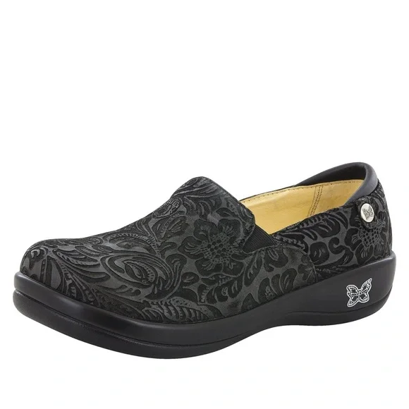 ALEGRIA Black Leather Floral Paisley Embossed Keli Professional Slip On Loafers - Picture 2 of 12